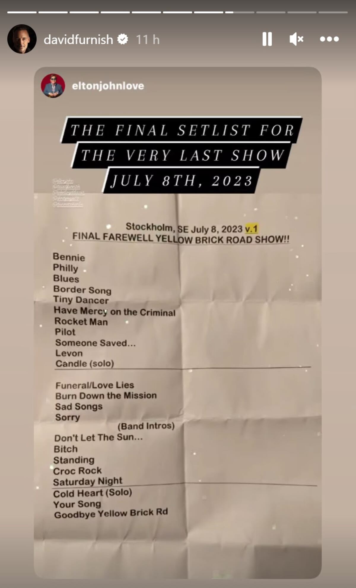 Lista de temas del último show de Elton John (Captura de pantalla)