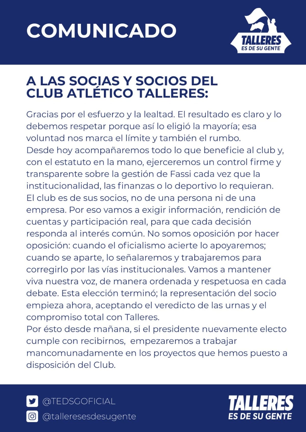 Comunicado de Talleres es de su gente, tras las elecciones