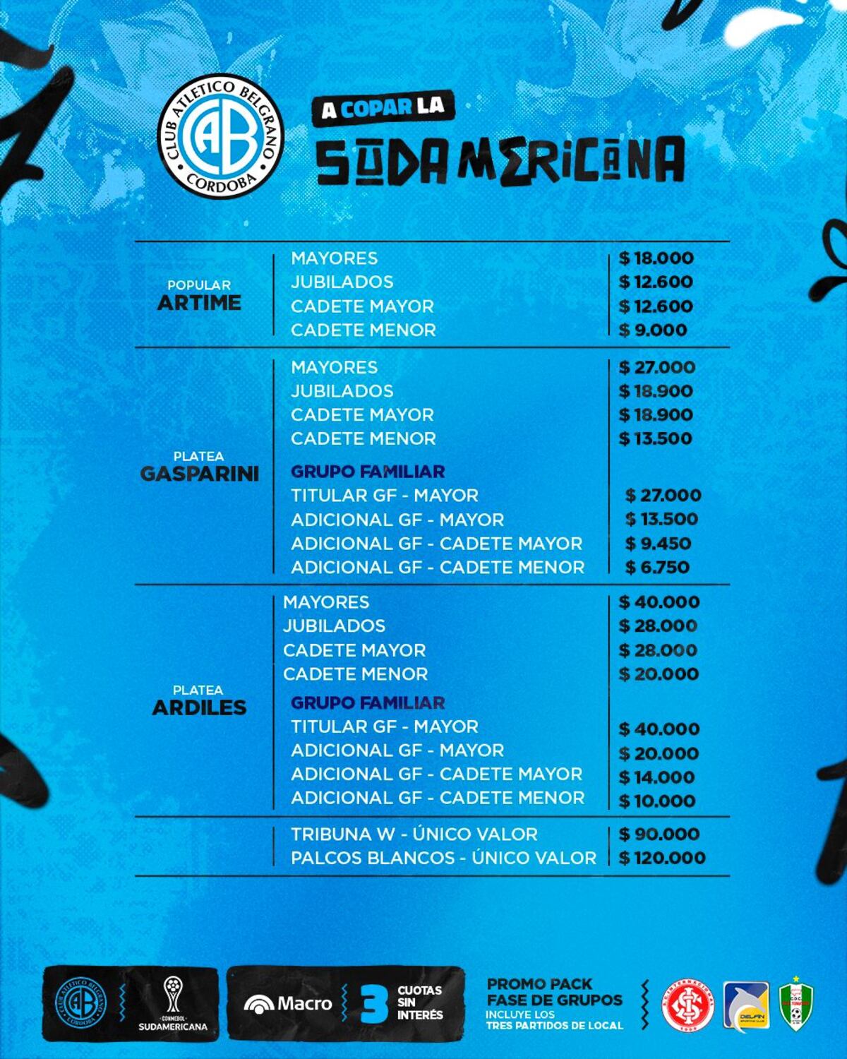 Los precios de las localidades para ver a Belgrano en la Sudamericana. (Prensa Belgrano)