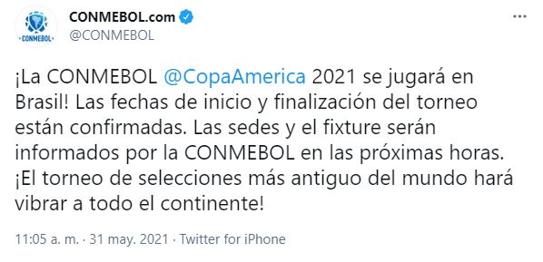 La Conmebol definió que la Copa América 2021 se disputará en Brasil.