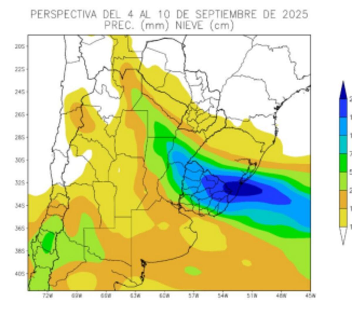 Precipitaciones. Perspectiva climática del 4 al 10 de septiembre. (Gentileza Bolsa de Cereales)