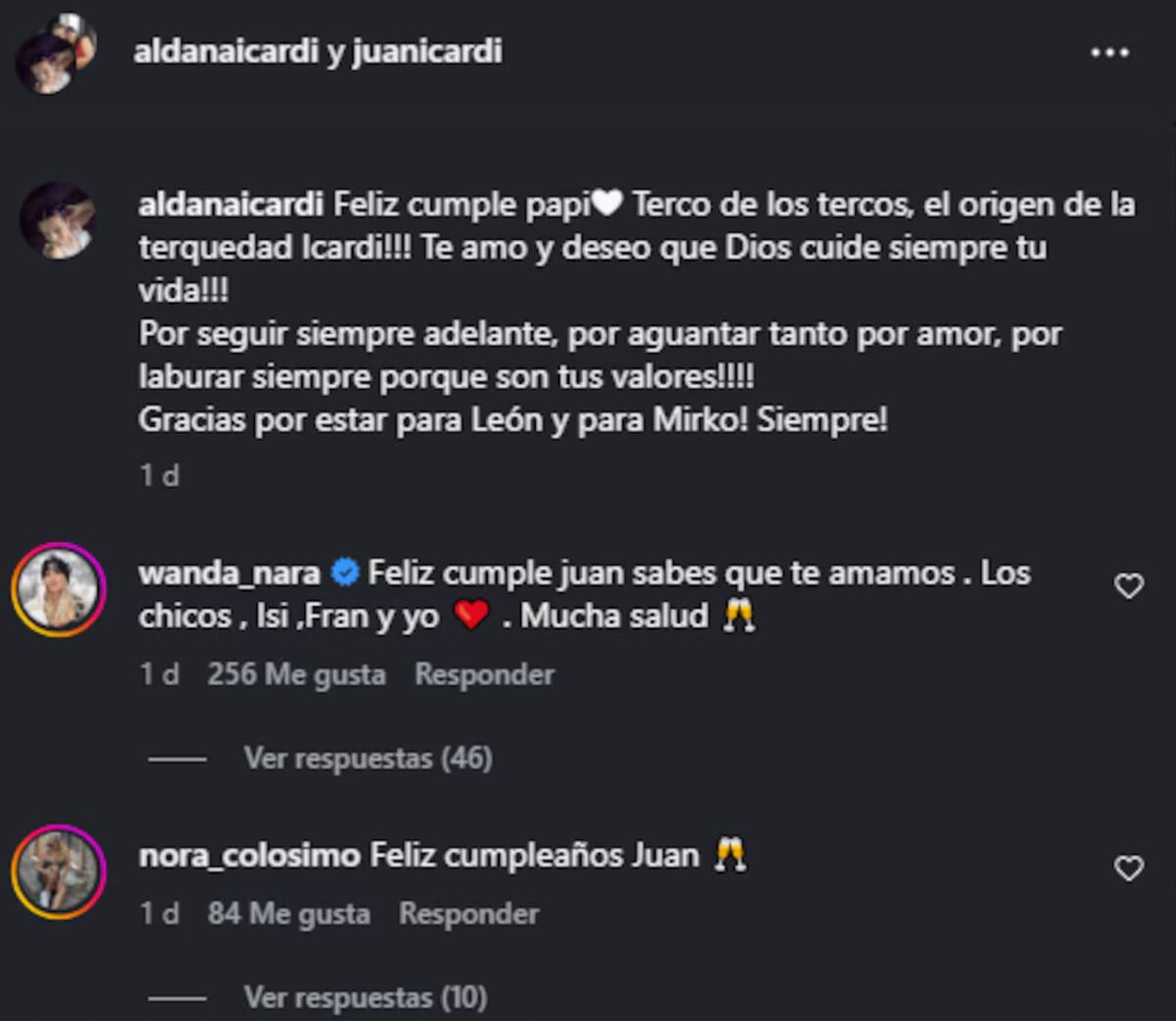 Los comentarios de Wanda Nara y Nora Colosimo por el cumpleaños de Juan Icardi, el padre de Mauro. (Foto: Captura de pantalla)