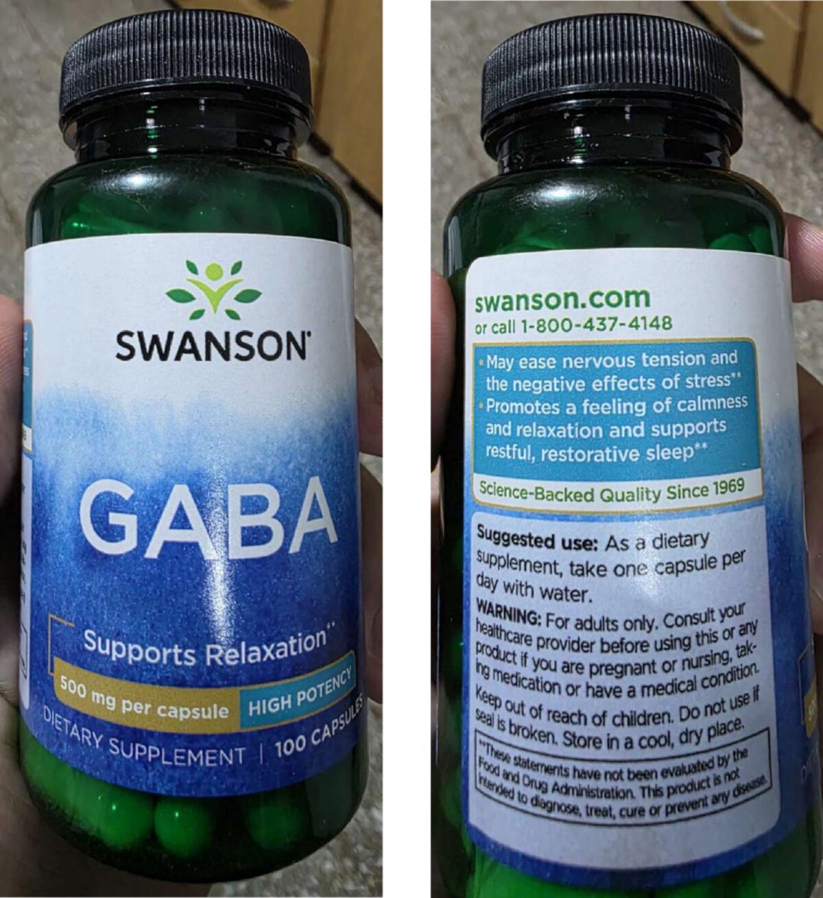 Suplemento dietético GABA que favorece la relajación, marca SWANSON HEALTH PRODUCTS. Fargo, ND 58104 USA: