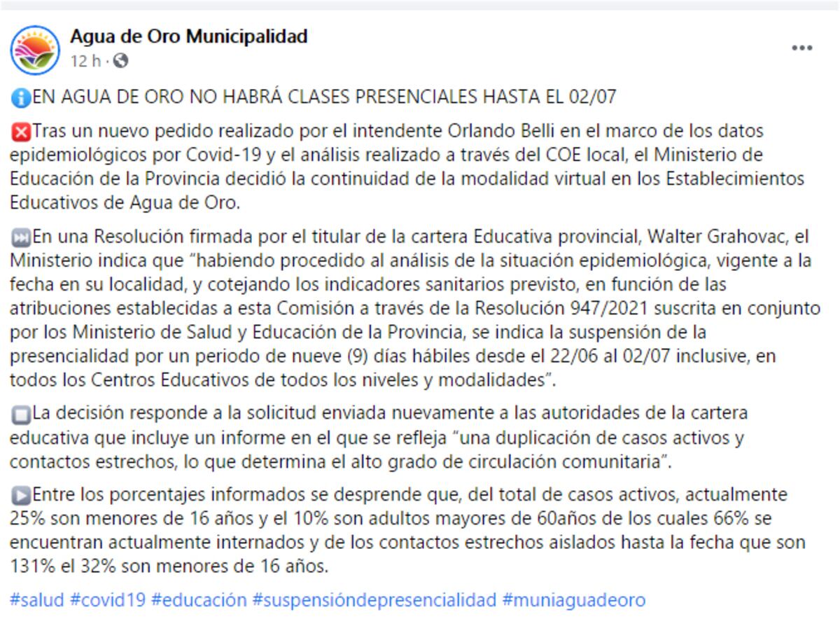 El comunicado que emitió la Municipalidad de Agua de Oro.