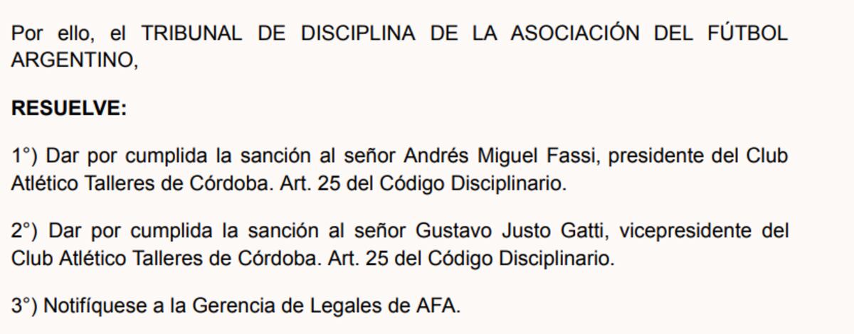 Resolución del Tribunal de Disciplina de AFA. (Captura).