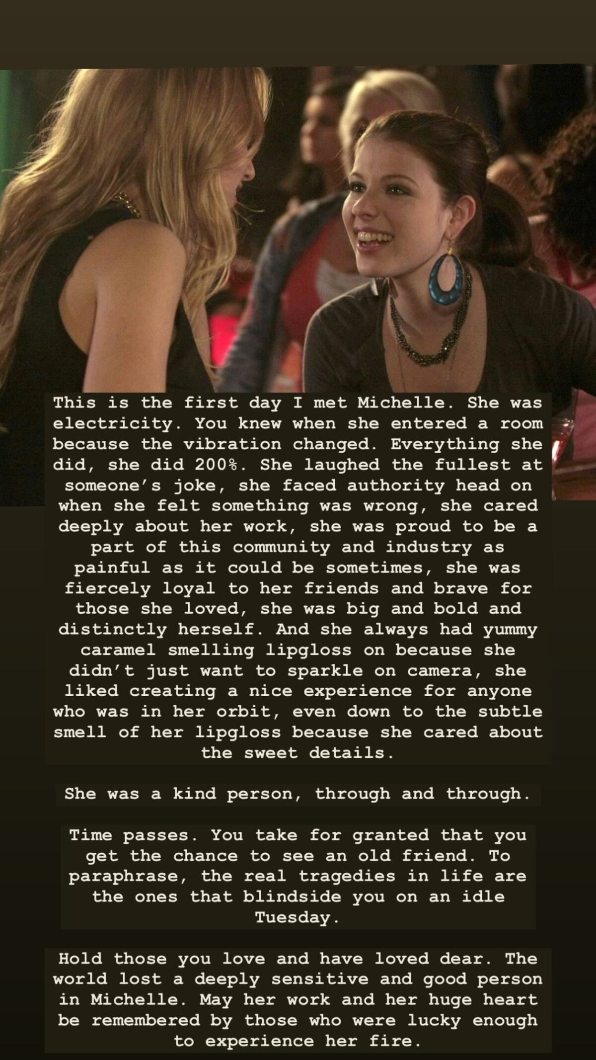 El homenaje de Blake Lively a Michelle Trachtenberg, quien ayer fue encontrada muerta en Nueva York. (Captura)