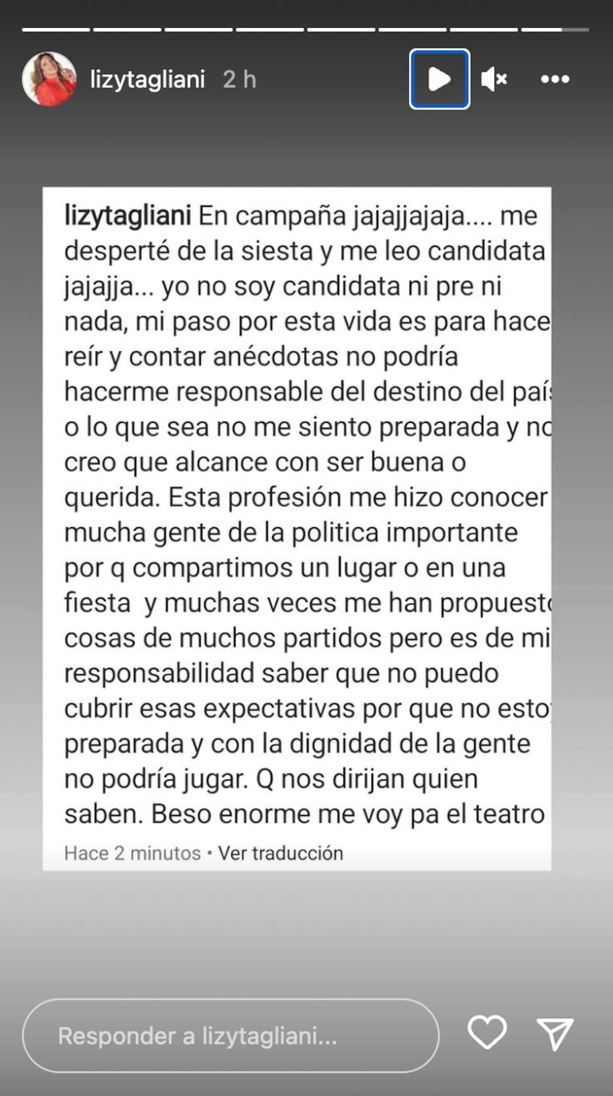 La publicación en las historias de Instagram de Lizy Tagliani.