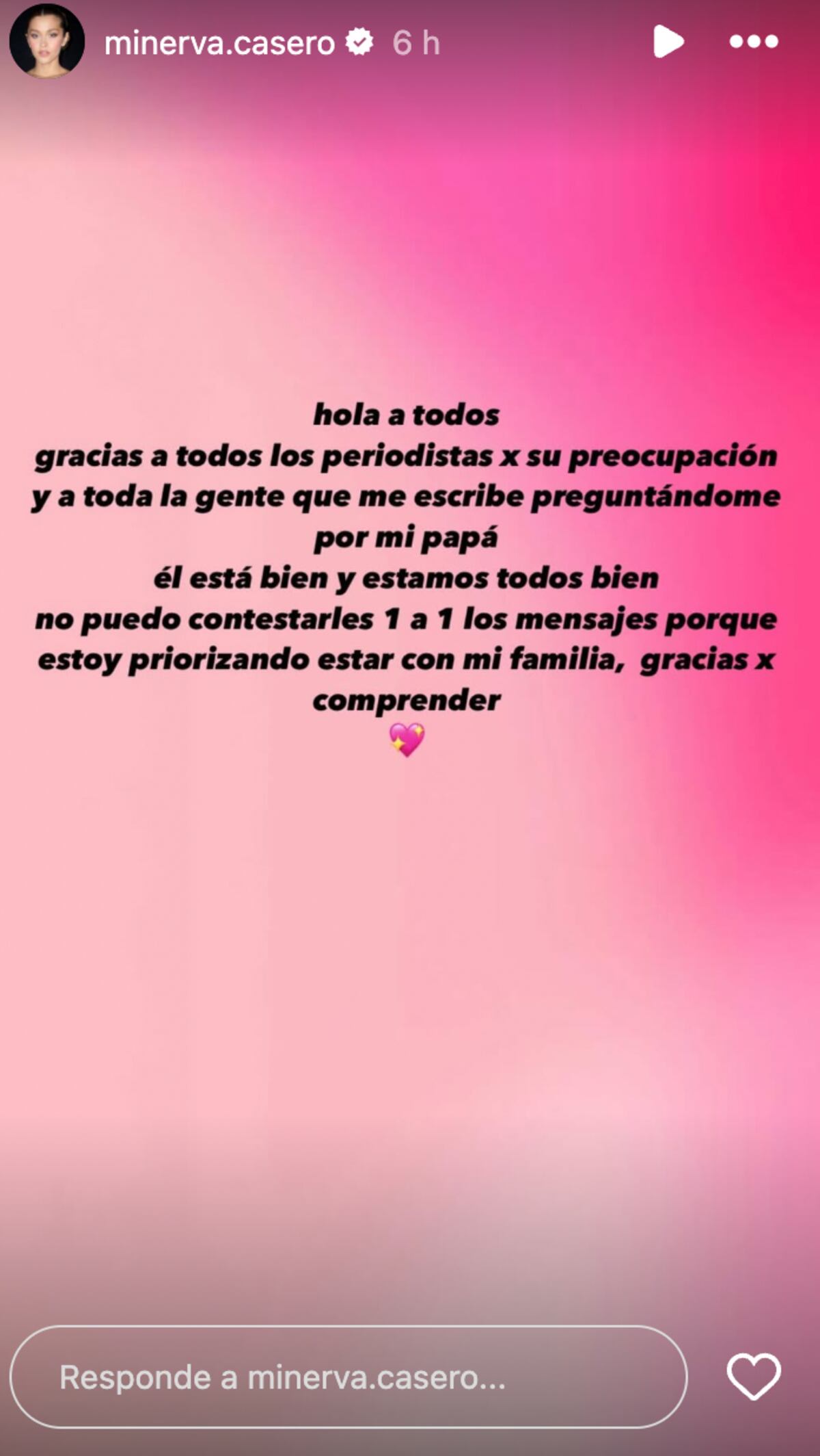 El comunicado de Minerva Casero sobre la salud de su padre, Alfredo Casero. (Foto: captura de pantalla)
