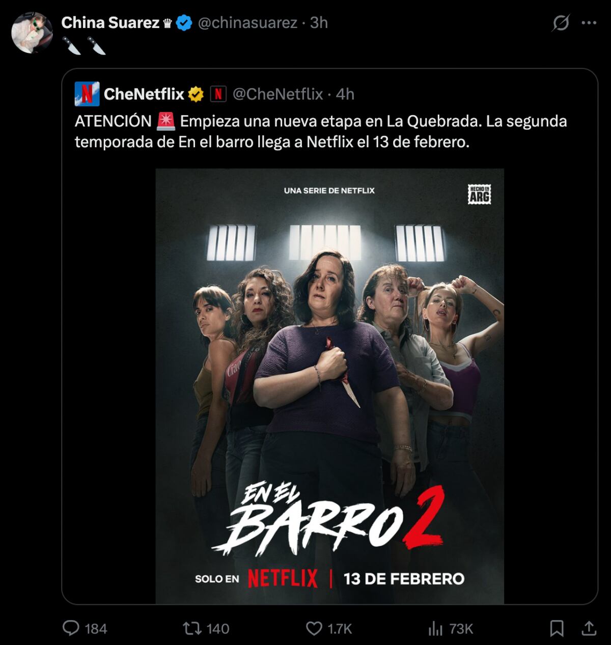 La reacción de La China Suárez al lanzamiento del trailer de En el barro 2, temporada que protagoniza. (Foto: captura de pantalla)