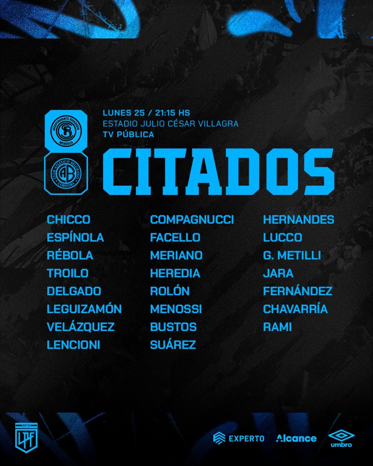 Los citados del DT Juan Cruz Real para el partido de Belgrano ante Independiente Rivadavia de Mendoza. (Prensa Belgrano)