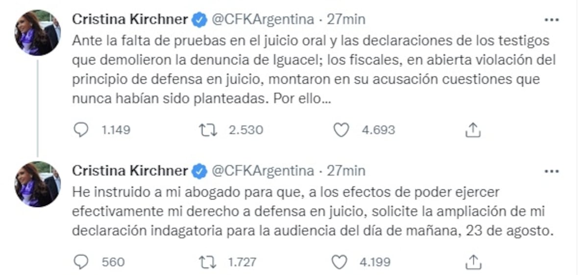 Cristina Kirchner pidió ampliar su declaración indagatoria (Twitter)