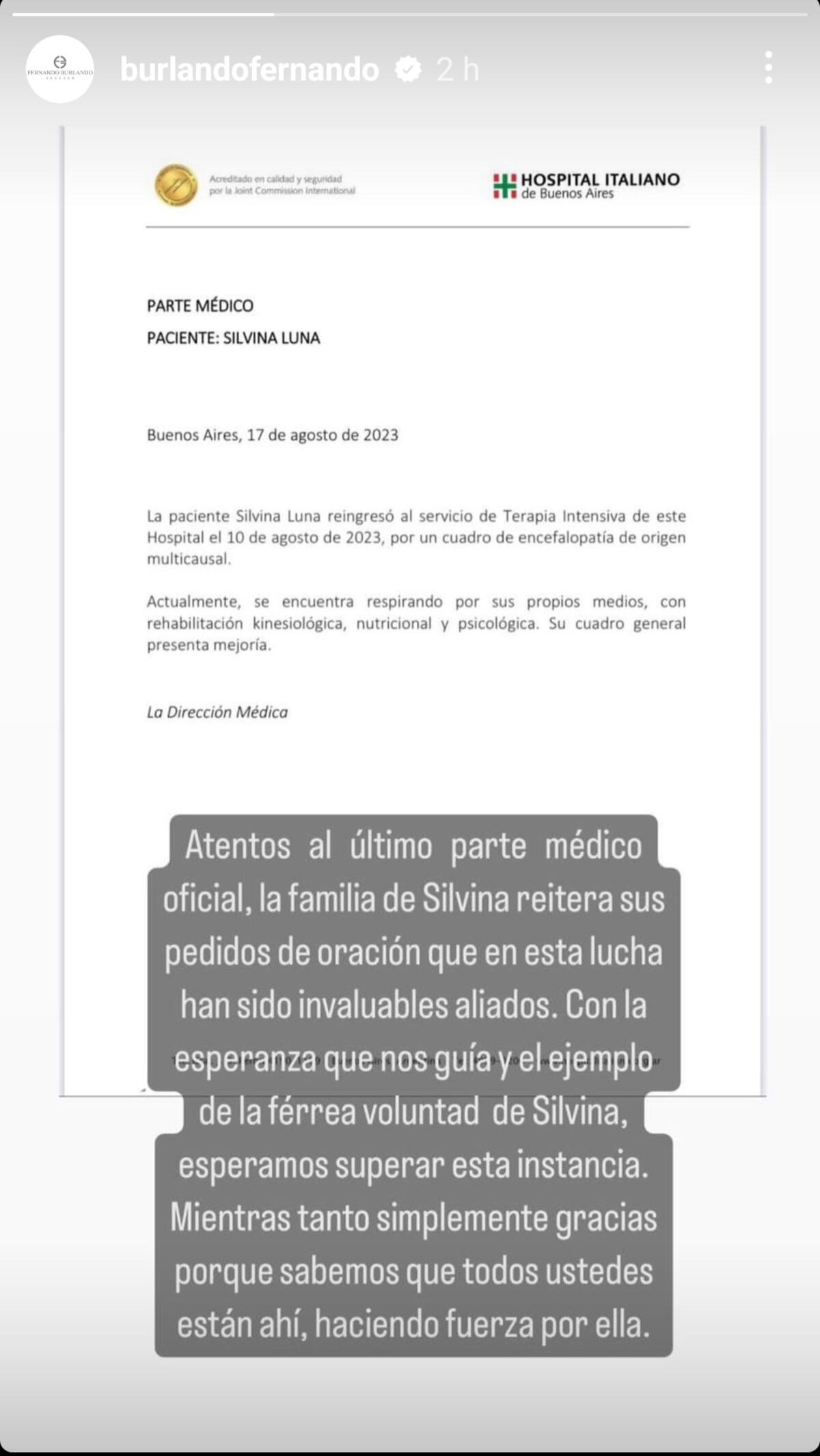 Último parte médico de Silvina Luna. (Instagram Fernando Burlando)