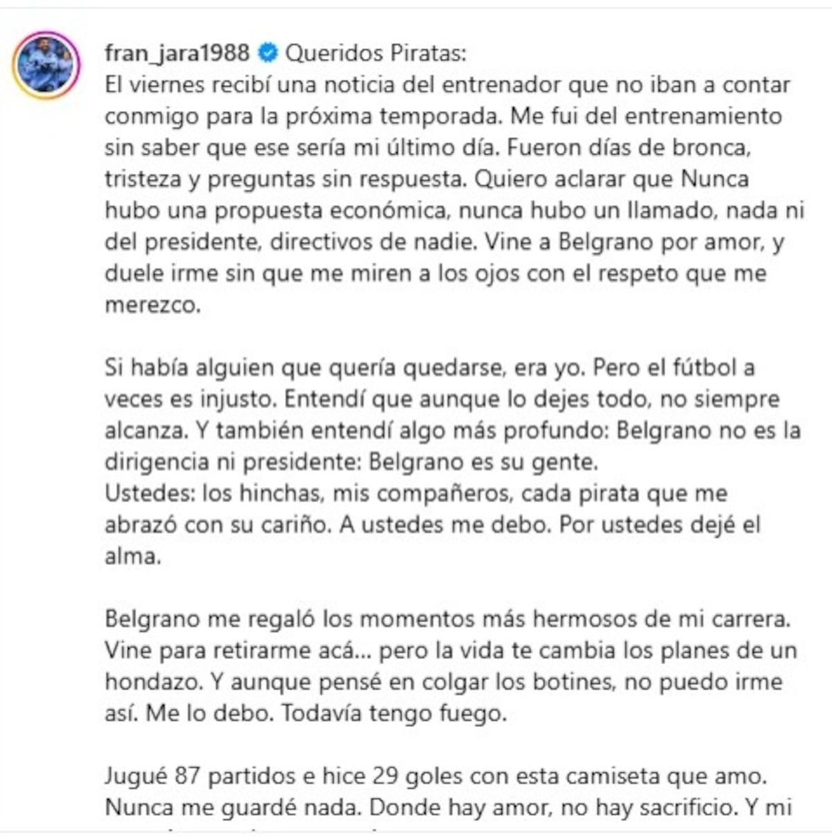 Franco Jara confirmó su salida de Belgrano con un efusivo mensaje.