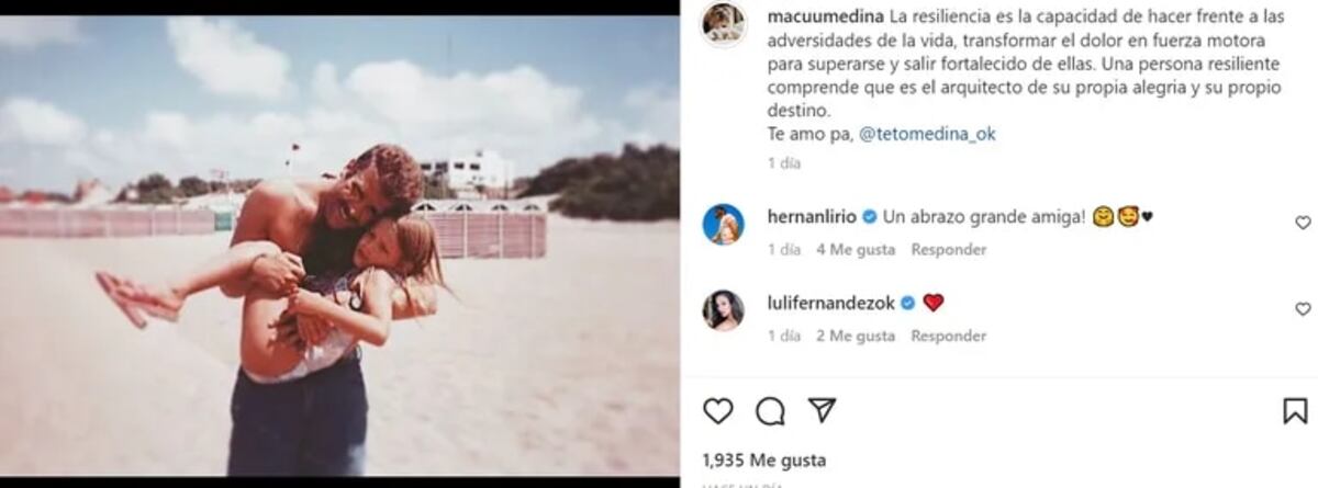 El mensaje de apoyo de la hija del Teto medina en Instagram.