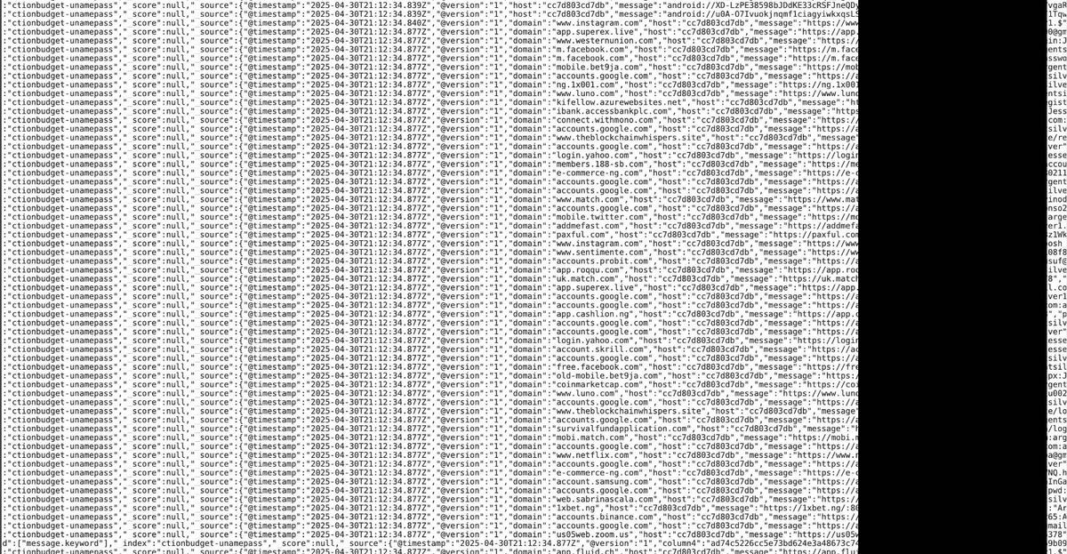Captura de una base de datos con registros de contraseñas expuestas vinculadas a dominios como Google, Facebook, Instagram y otras plataformas. La información fue recopilada por malware de robo de información y detectada por investigadores de Cybernews en abril de 2025. (Gentileza)