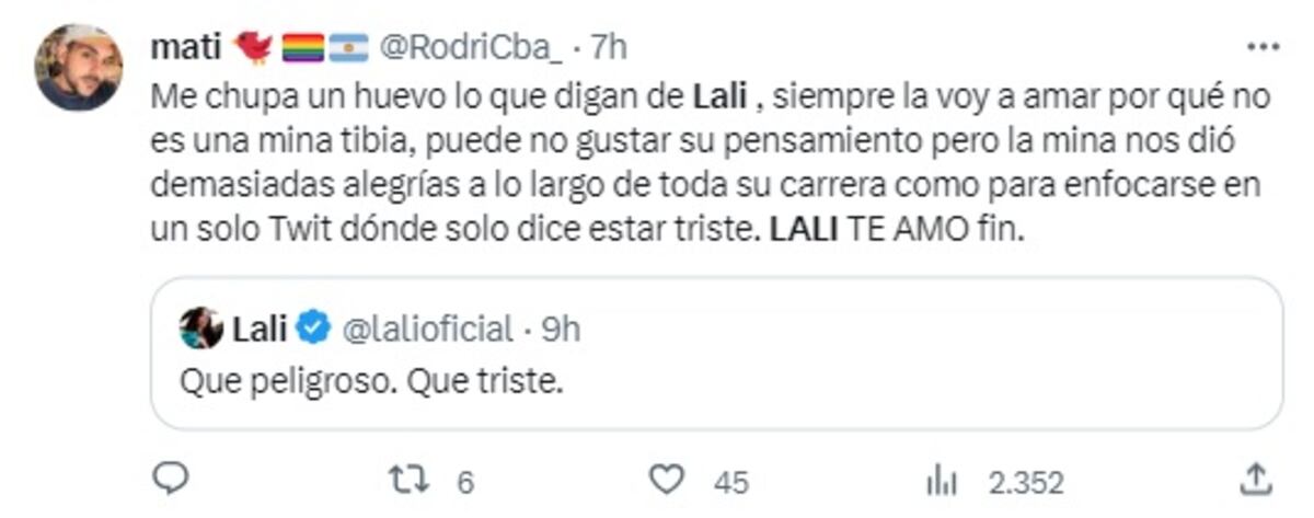 Las reacciones que trajo la opinión de Lali tras las PASO 2023 (Captura de pantalla)