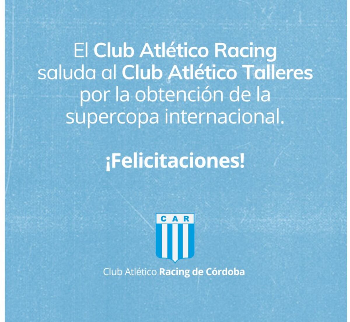 Racing saludó a Talleres por su título. (Prensa Racing).