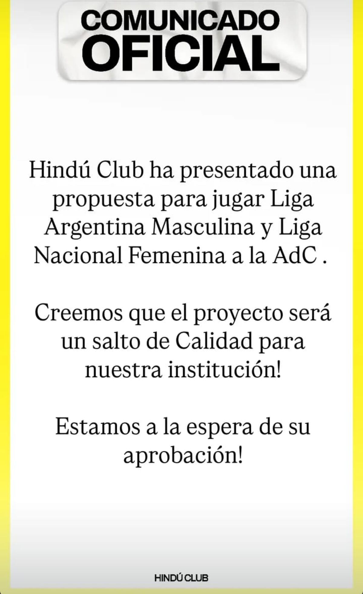 El comunicado de Hindú de la propuesta para jugar la Liga Argentina y la Liga Femenina Nacional.