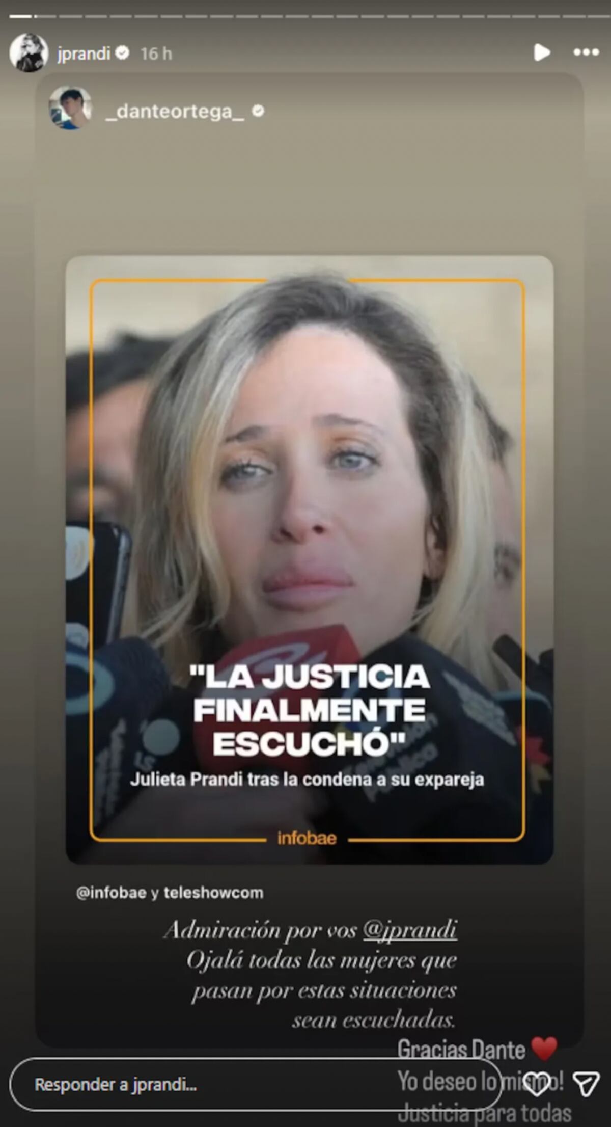 Dante Ortega se solidarizó con Julieta Prandi a través de sus redes sociales y ella le respondió. (Foto: captura de pantalla)