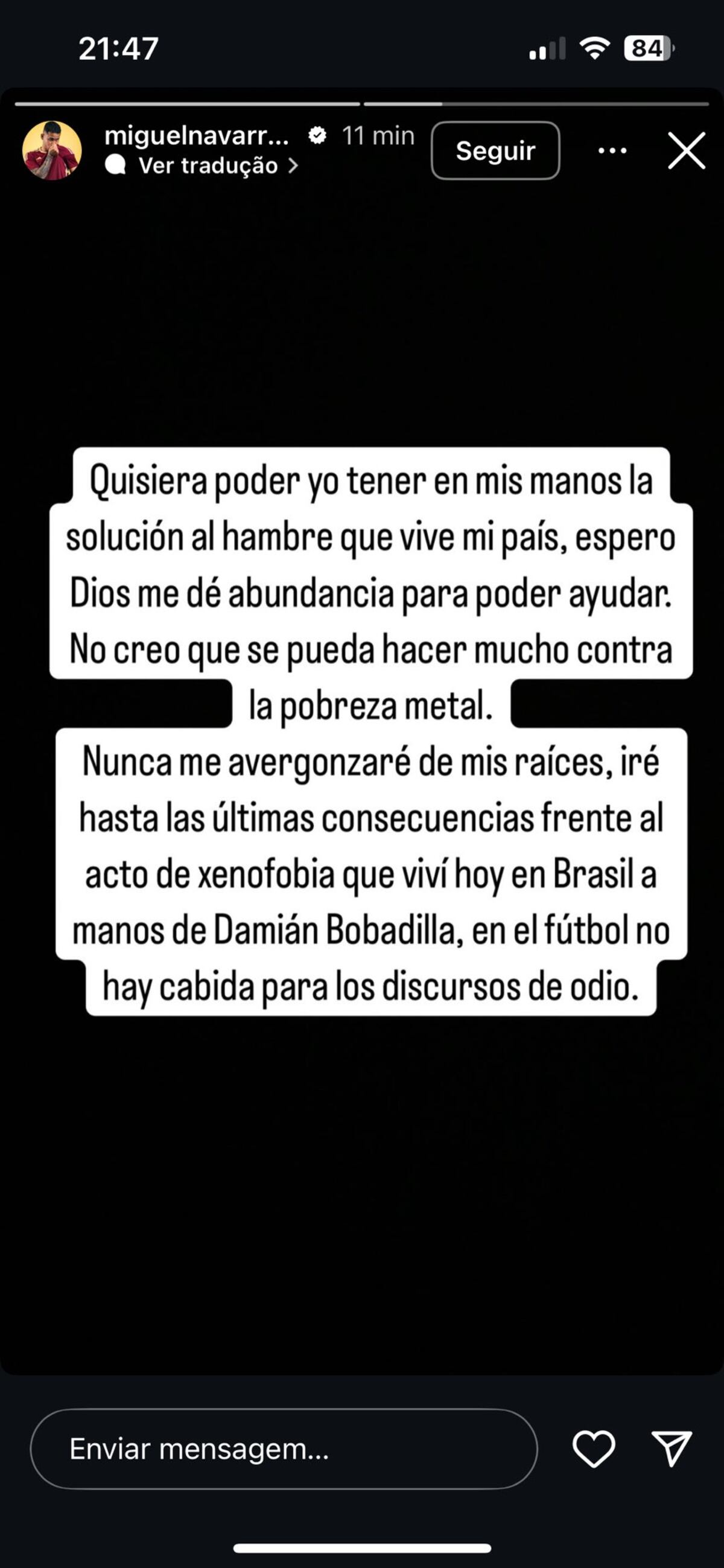 El posteo de Miguel Navarro, jugador de Talleres, sobre un insulto racista que recibió de parte de un jugador de São Paulo.
