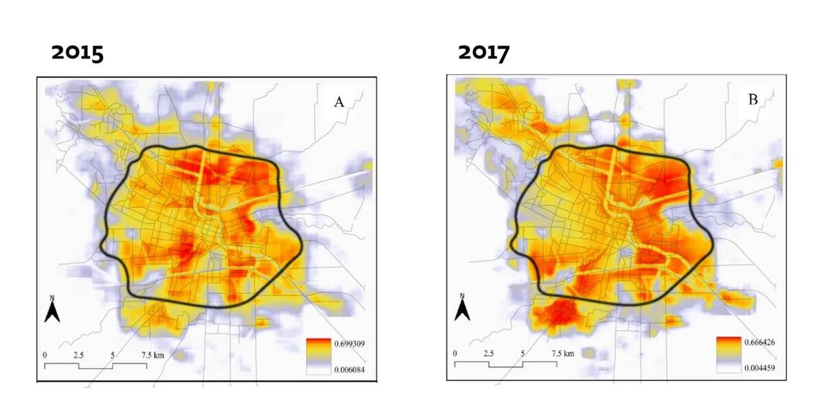 El último mapa (2017) muestra que la zona este de la ciudad, en particular el noreste, presenta las condiciones más idóneas para que crezca el mosquito vector (en rojo). También aparecen en rojo las periferias del sur de la ciudad. (The Journal of Climate Change and Health)