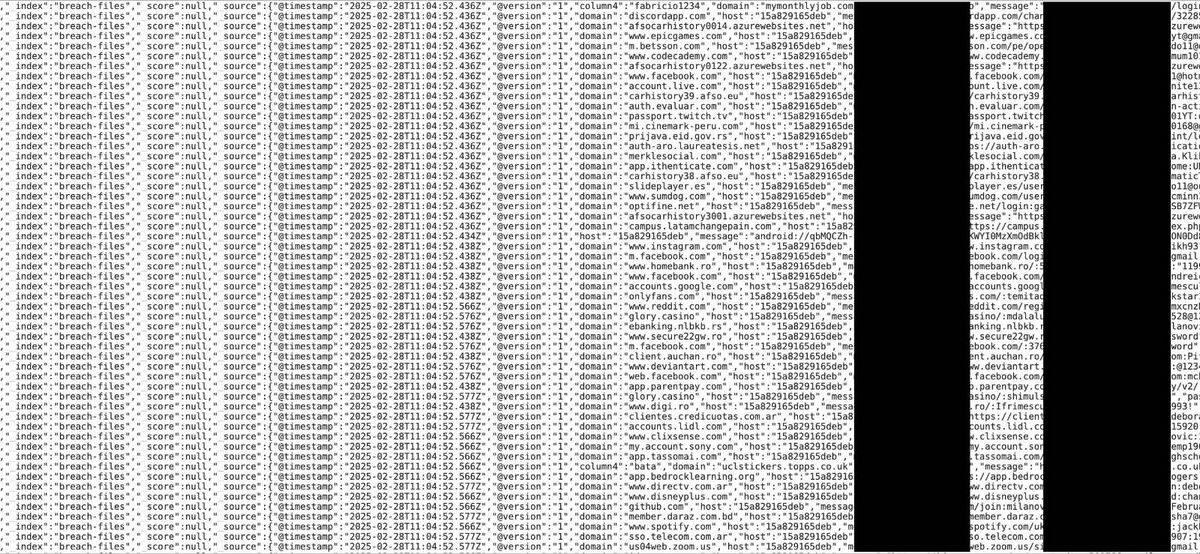 Listado parcial de registros encontrados en una de las 30 bases de datos identificadas por Cybernews. Se observan dominios comprometidos como Epic Games, Codecademy, Discord, Instagram, Google y otros servicios ampliamente utilizados. (Gentileza)