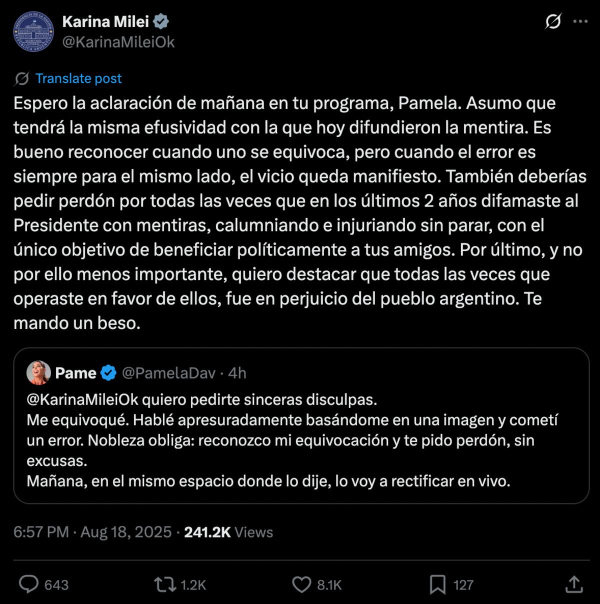 La respuesta de Karina Milei al pedido de disculpas de Pamela David. (Foto: Captura de pantalla)