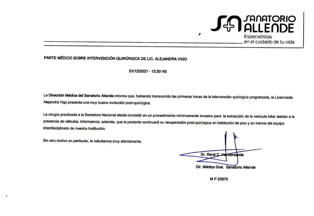 Parte médico de Alejandra Vigo.