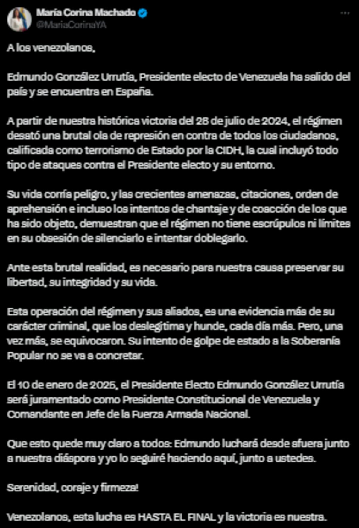 María Corina Machado sobre el asilo político de Edmundo González Urrutia en España. Foto: captura de pantalla.