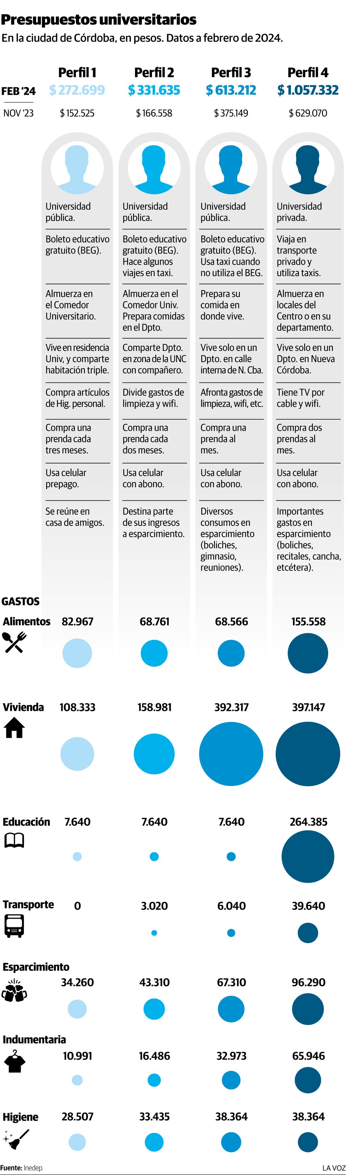 Infografía: Presupuestos universitarios. Gastos Estudiantes CBA Febrero 2024. (La Voz)