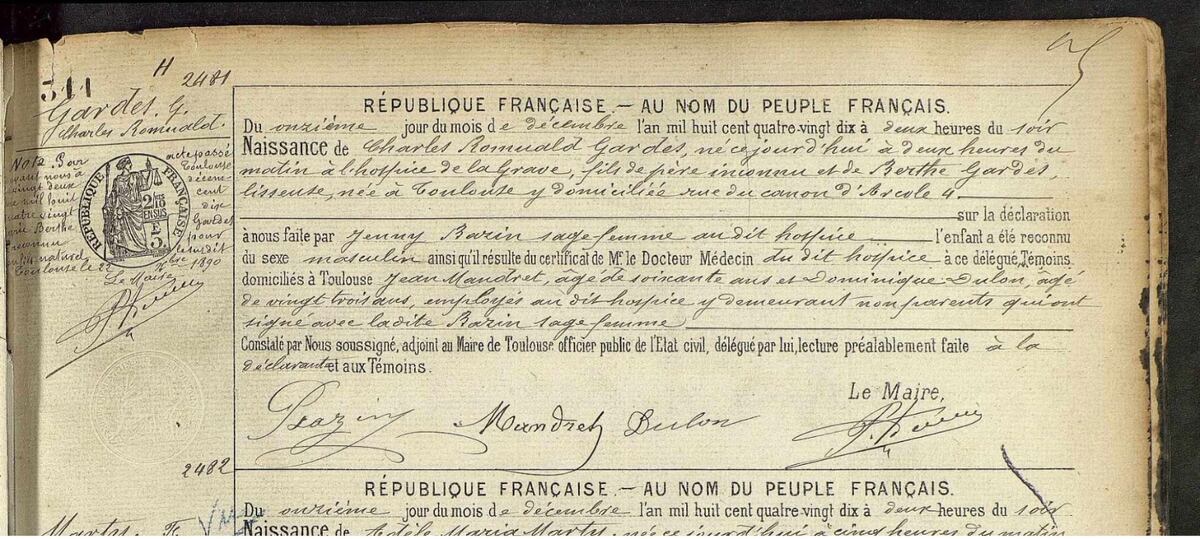 Acta de nacimiento de Gardel en francés. Dice que Charles Romuald Gardés nació el 11 de diciembre de 1890, a las dos de la mañana en Toulouse.