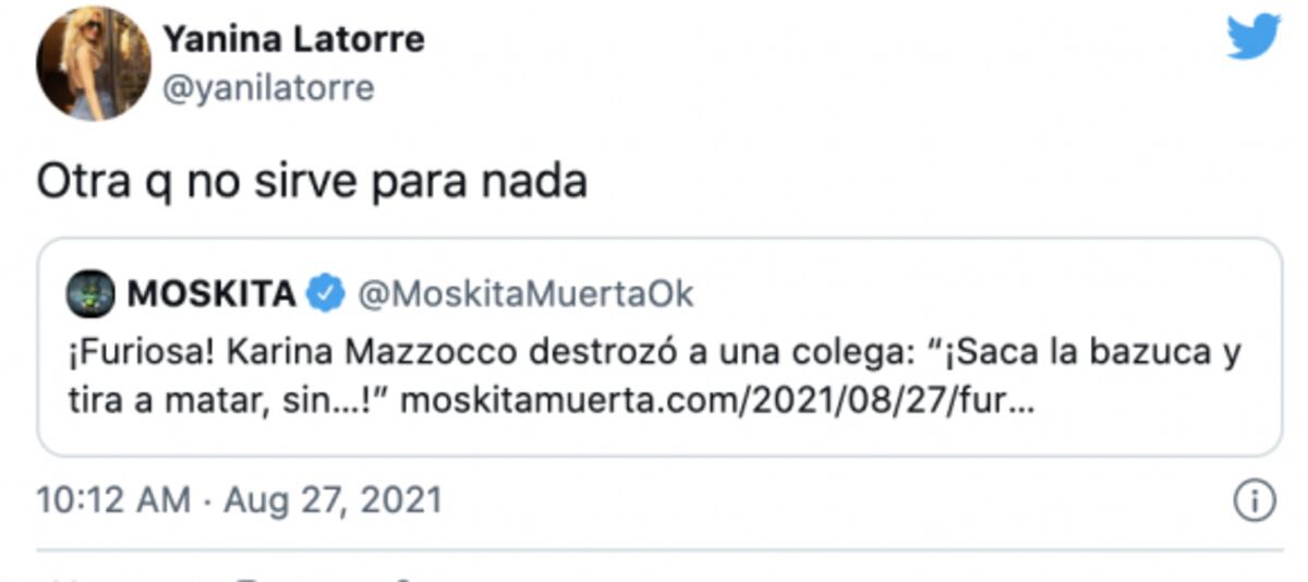 Los tuits de Yanina Latorre para Karina Mazzocco