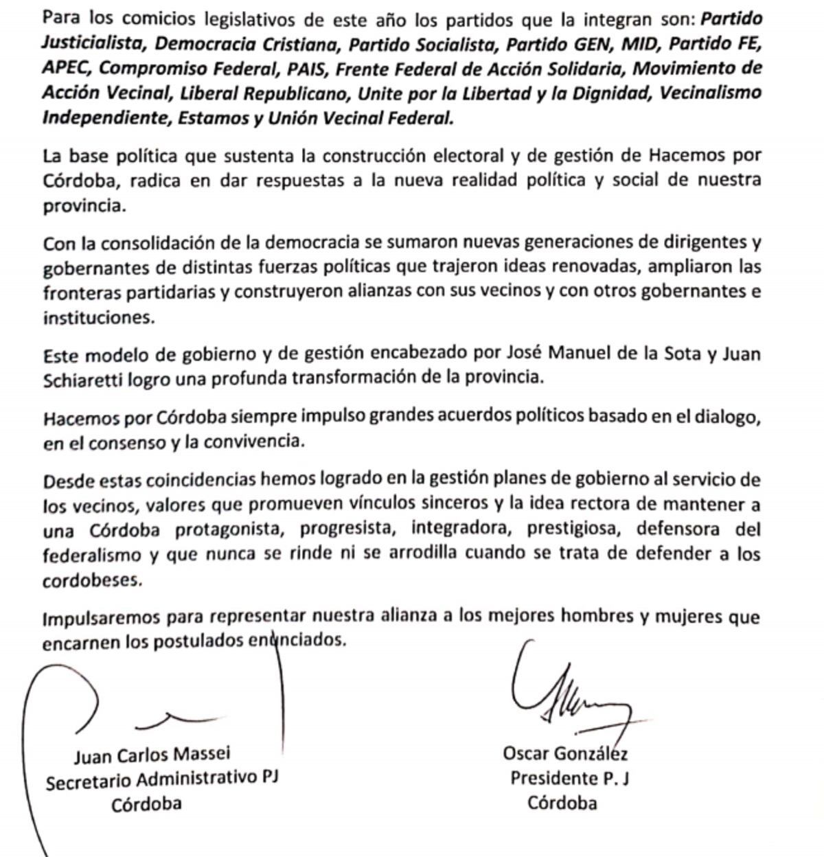 Comunicado de la constitución de Hacemos por Córdoba (captura de pantalla).