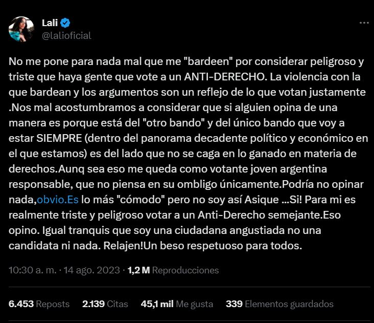 Lali Espósito opina en Twitter
