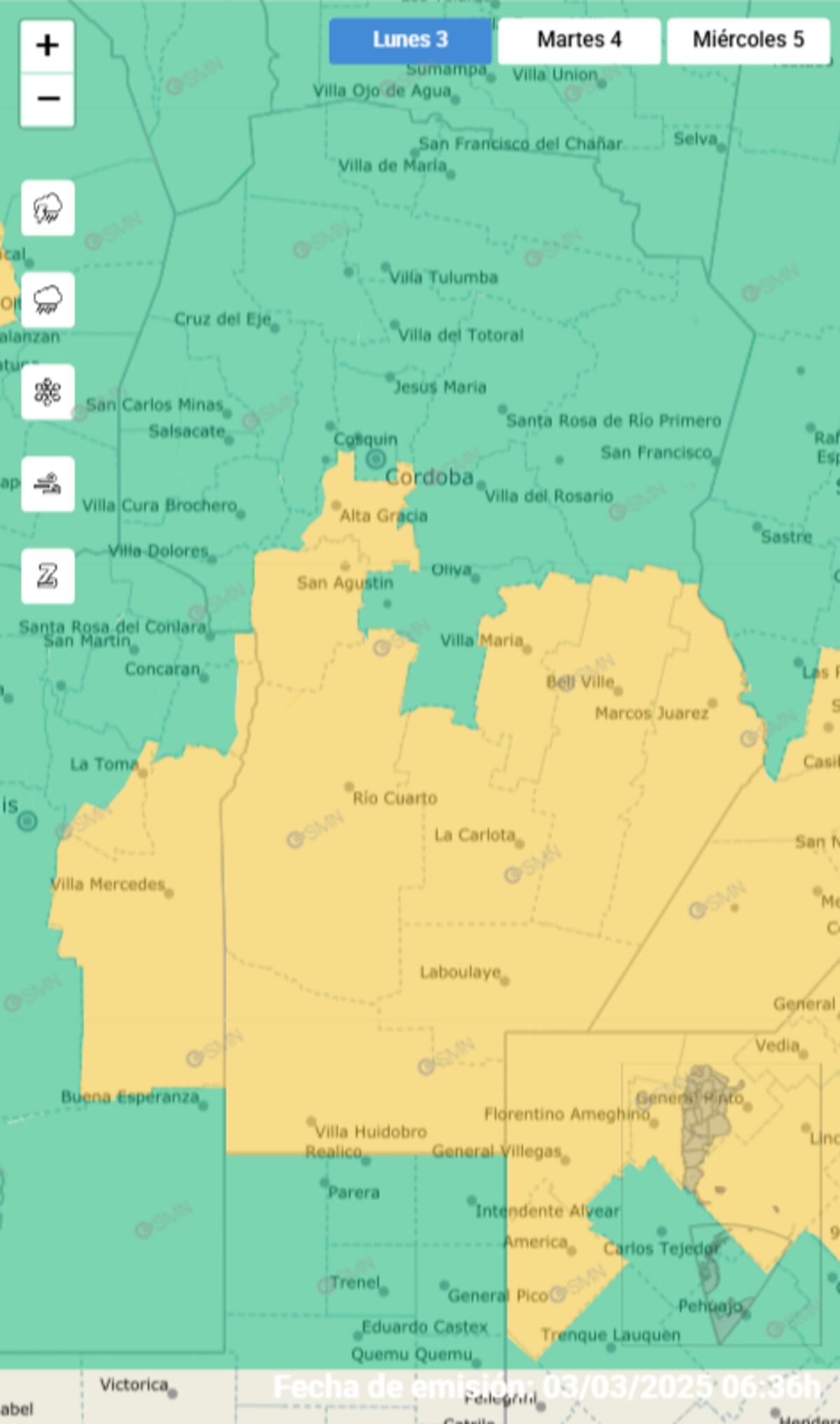 Alerta por tormentas para este lunes 3 de febrero. (SMN)