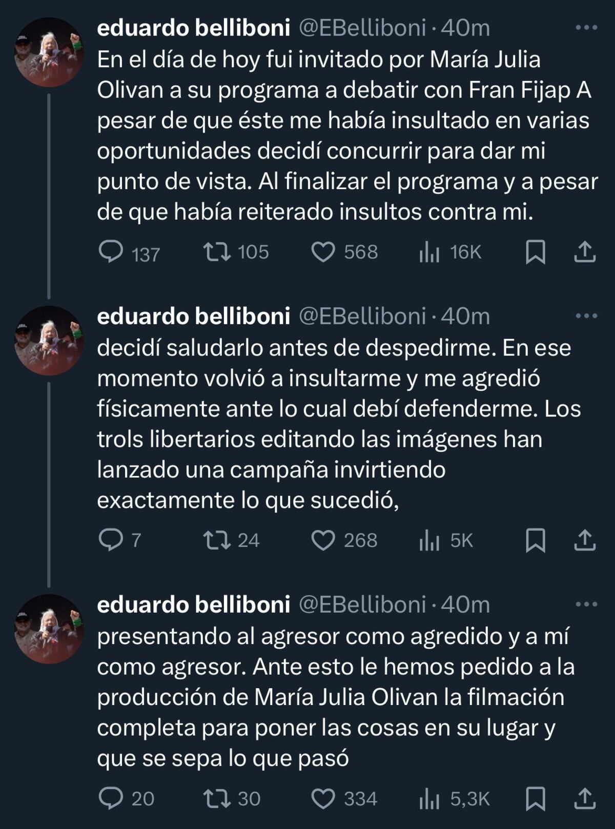 Fran Fijap denunció que Eduardo Belliboni lo atacó durante una entrevista: “Intentó asesinarme”. (X)