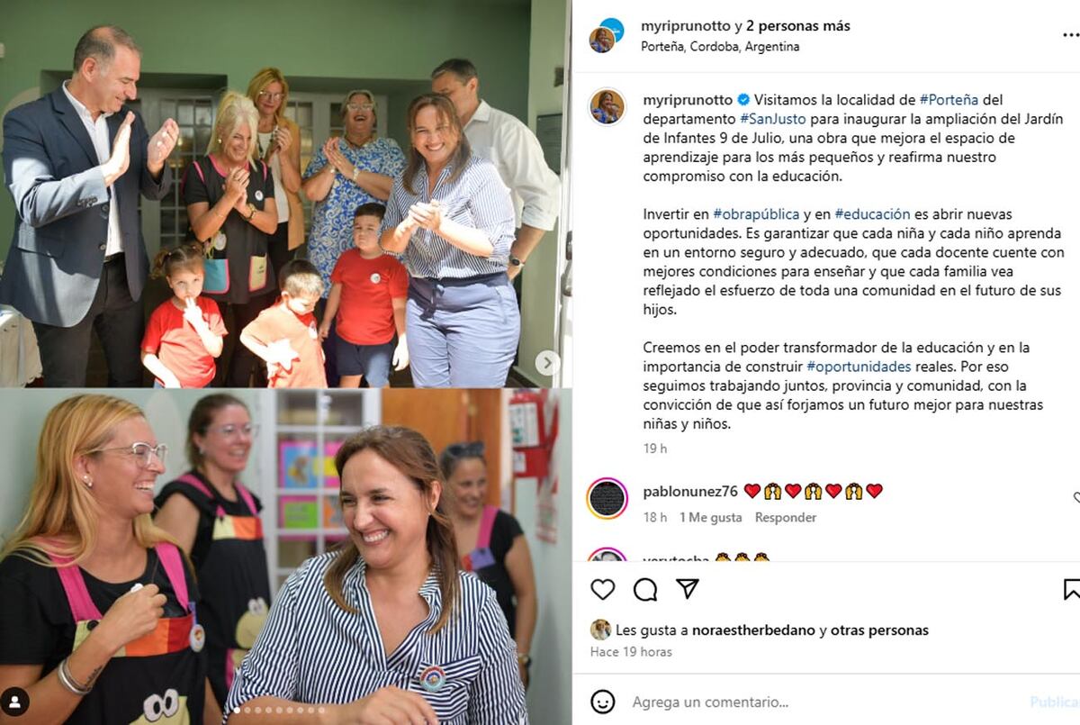 Posteo en Instagram de la vicegobernadora de Córdoba, Myrian Prunotto, hecho el 18 de marzo de 2025. Visita a la localidad de Porteña.