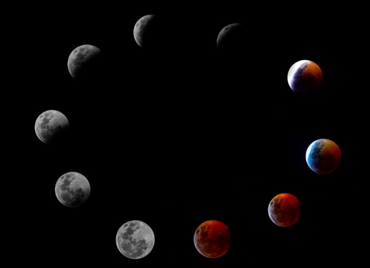 A composite photo shows all the phases of the so-called Super Blood Wolf Moon total lunar eclipse on Sunday January 20, 2019 in Panama City\u002E - The January 21 total lunar eclipse will be the last one until May 2021, and the last one visible from the United States until 2022\u002E (Photo by Luis ACOSTA / AFP) Superluna de sangre primer eclipse de luna lunar del año vista vistas