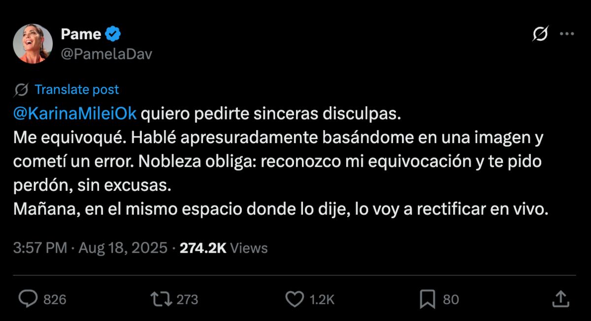 El pedido de disculpas de Pamela David a Karina Milei. (Foto: Captura de pantalla)
