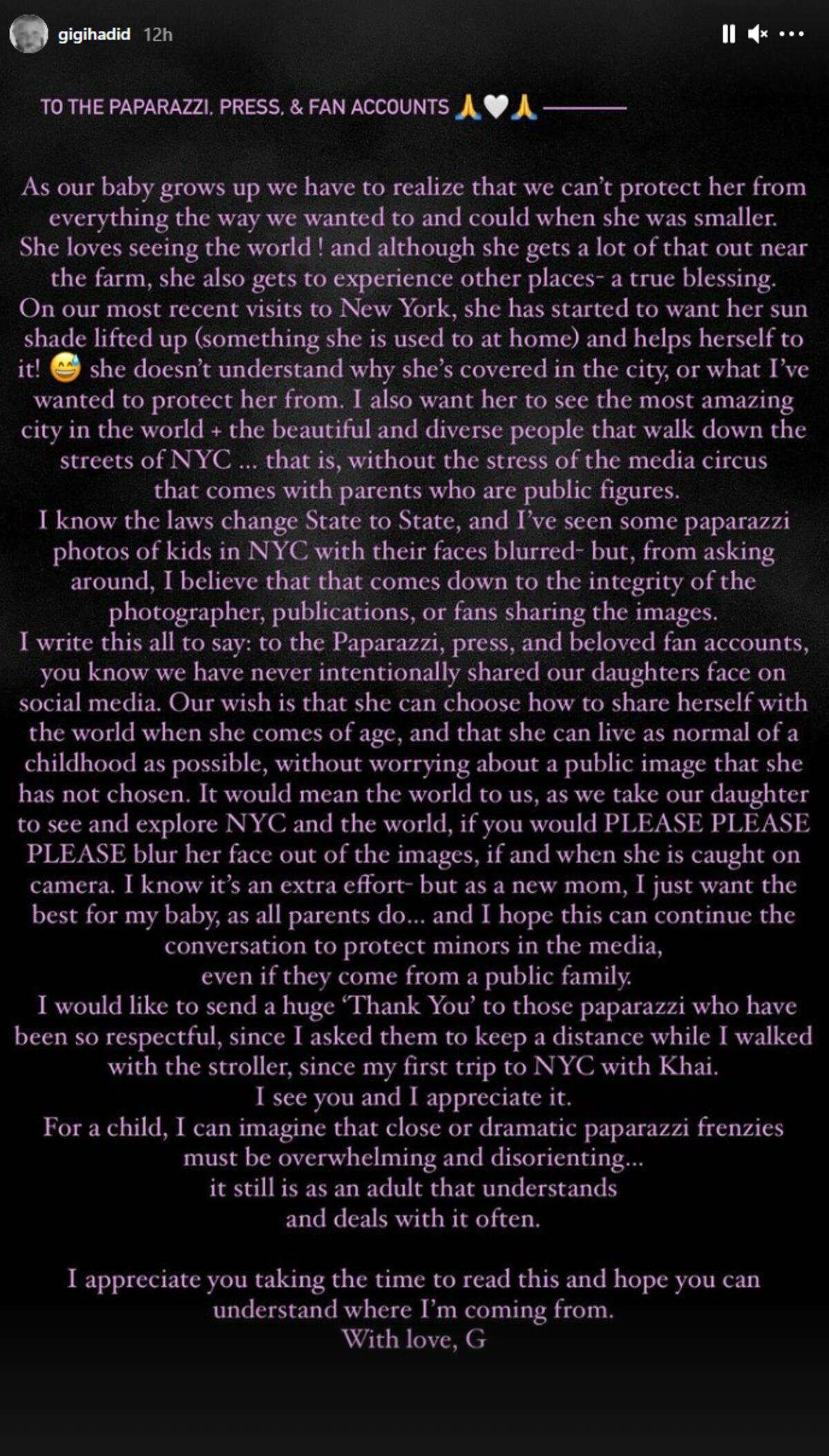 El posteo de Gigi Hadid en Instagram pidiendo respeto por la privacidad de su hija Khai