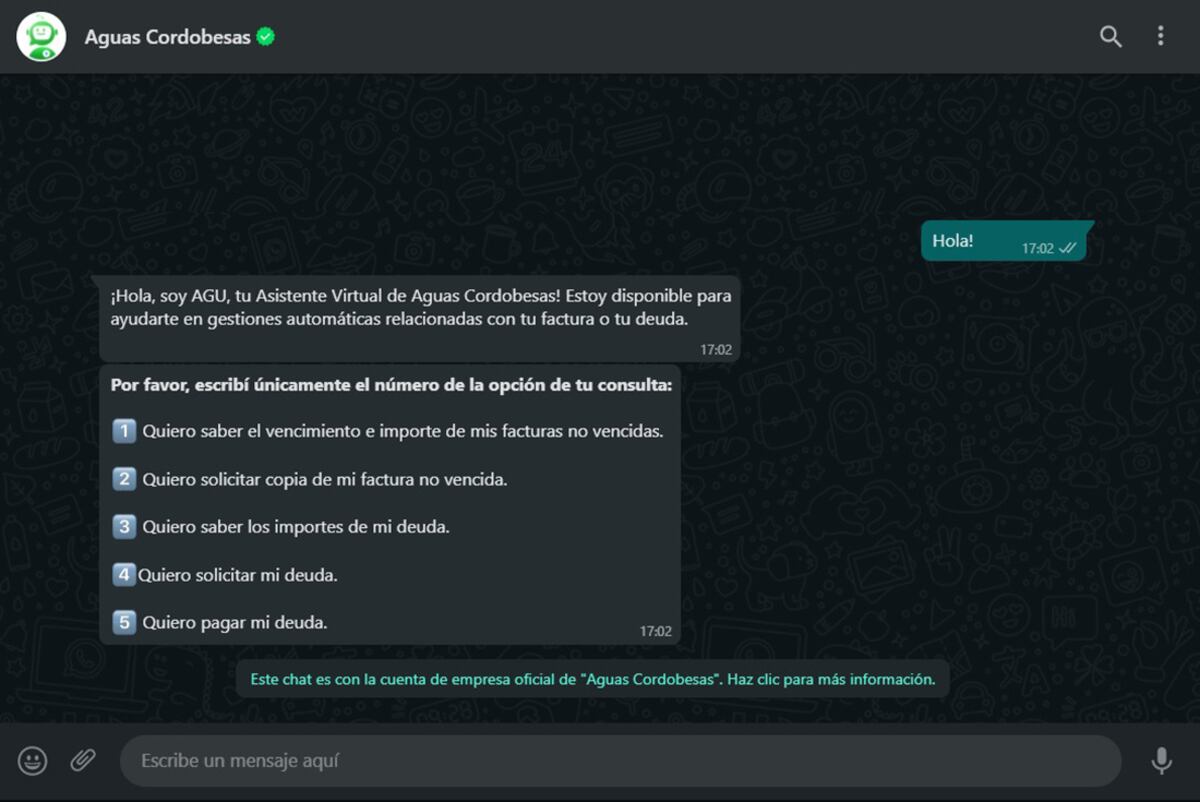 AGU es un asistente virtual que permite resolver gestiones automatizadas desde la comodidad de tu celular, las 2 horas. Foto: Aguas Cordobesas.
