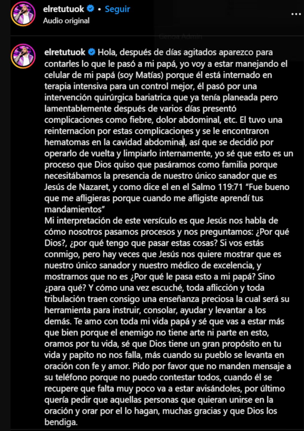 El mensaje del hijo de "El Retutu" en Instagram sobre la salud del ex Cuestión de peso. (Foto: captura de pantalla)
