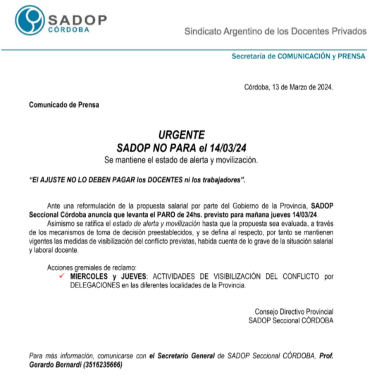 El comunicado de Sadop por el paro de este jueves.