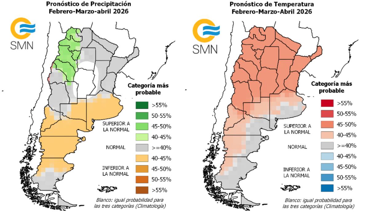 PRONOSTICO. Ambas mediciones proyectadas de lluvias y temperaturas para febrero, marzo y abril del 2026. (SMN)