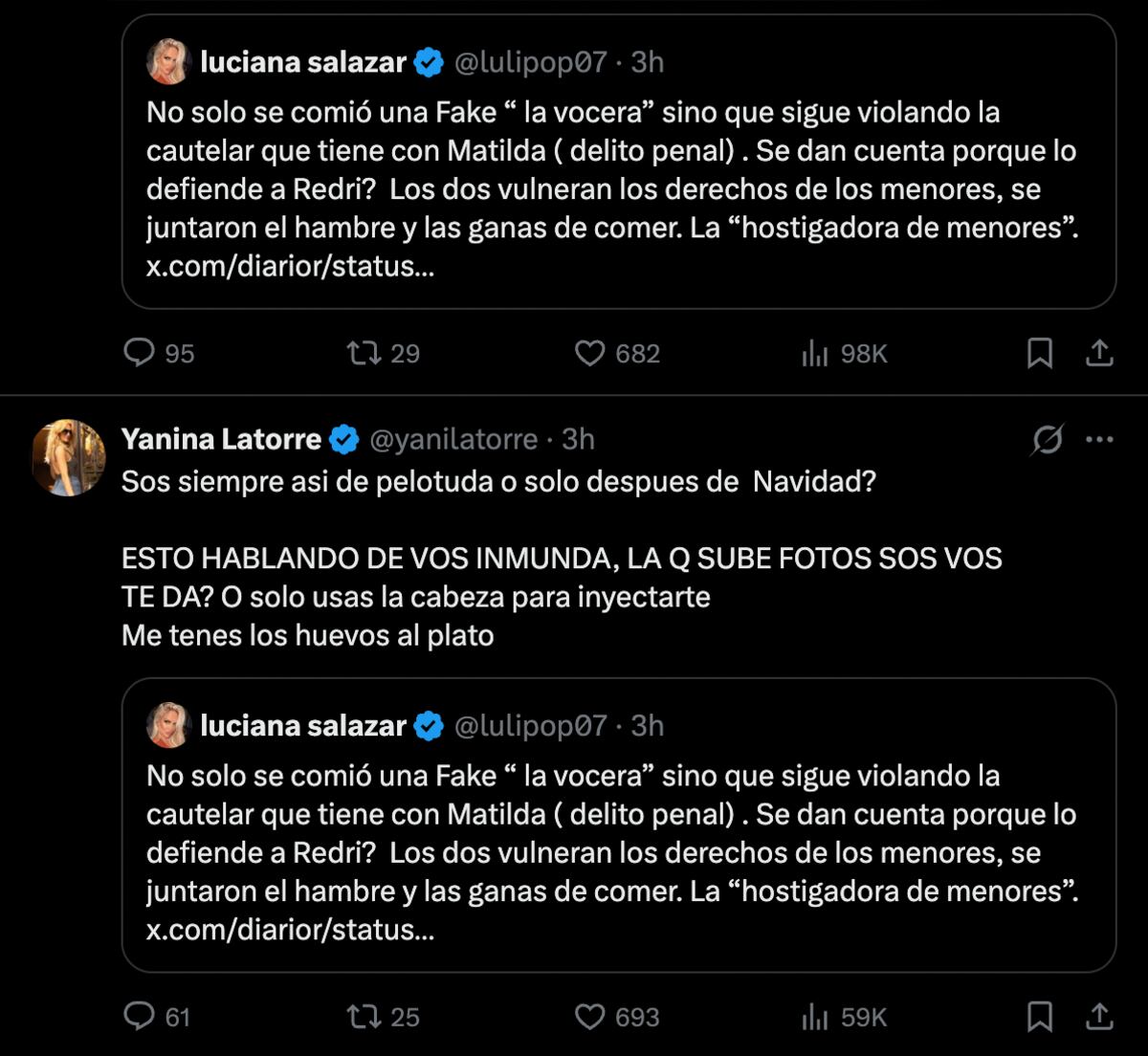 Luciana Salazar y Yanina Latorre tuvieron un áspero cruce en X (antes Twitter). Parte 1. (Foto: Captura de pantalla)