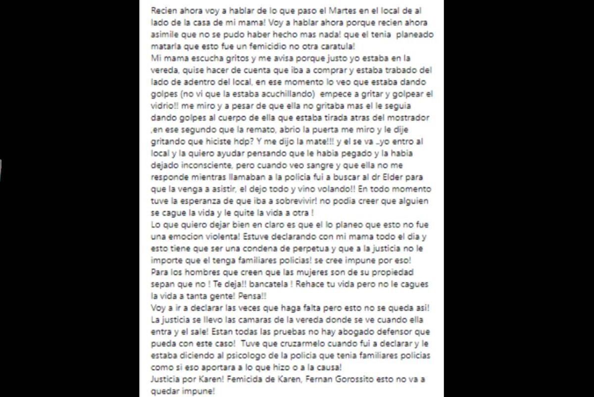 Agostina contó en su Facebook lo que vio del femicidio de Karen (Facebook).