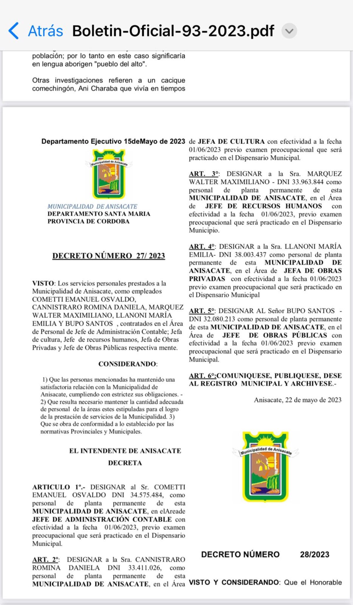 Algunos de los cargos designados.
