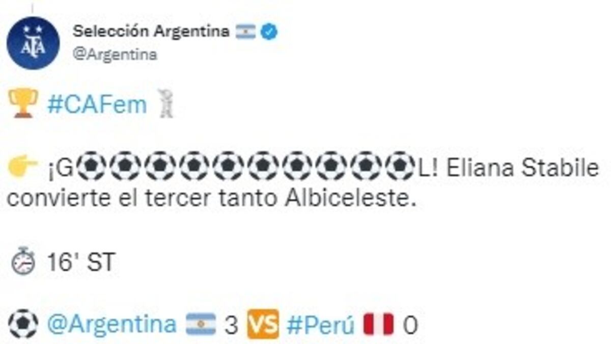 Tweet notificando el gol de Eliana Stabile. (Prensa Selección Argentina)