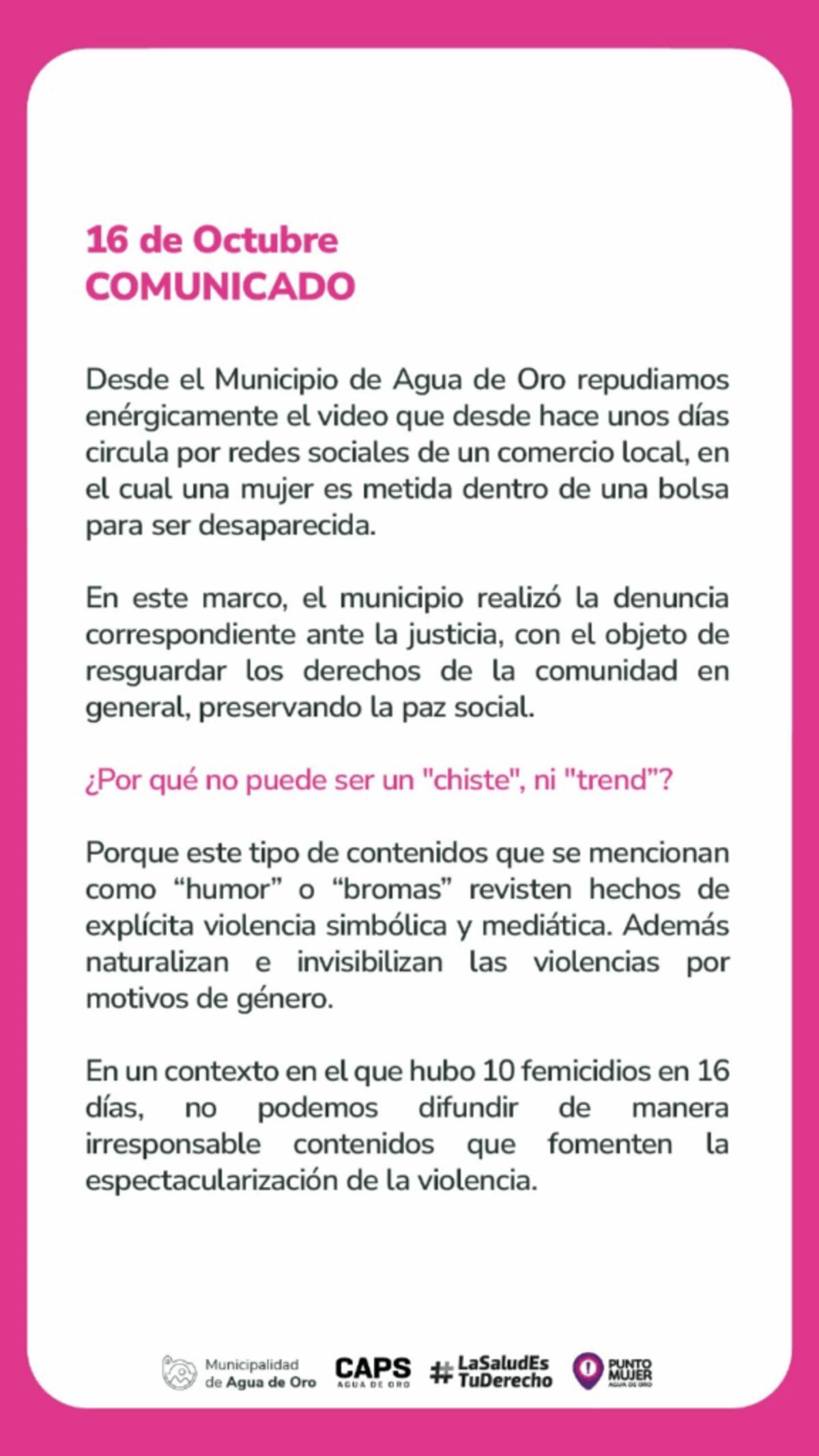 Comunicado de la Municipalidad de Agua de Oro