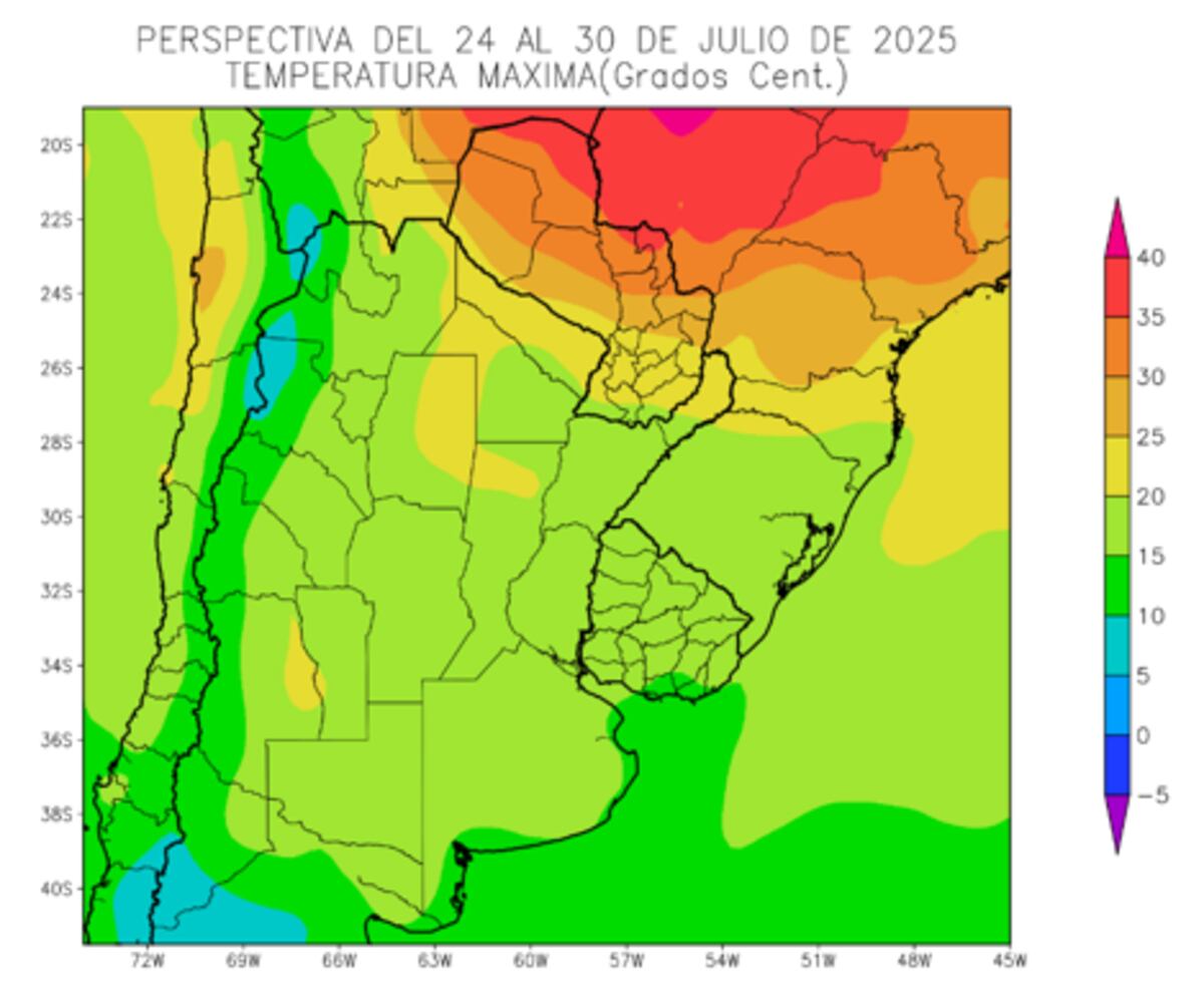 Perspectiva de temperaturas máximas del 24 al 30 de julio 2025 según un informe de la Bolsa de Cereales.